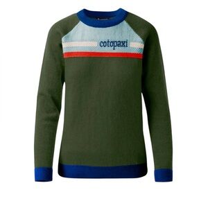 Cotopaxi Libre Sweater 100% Cashllama Olive Green with Blue and Red Stripes